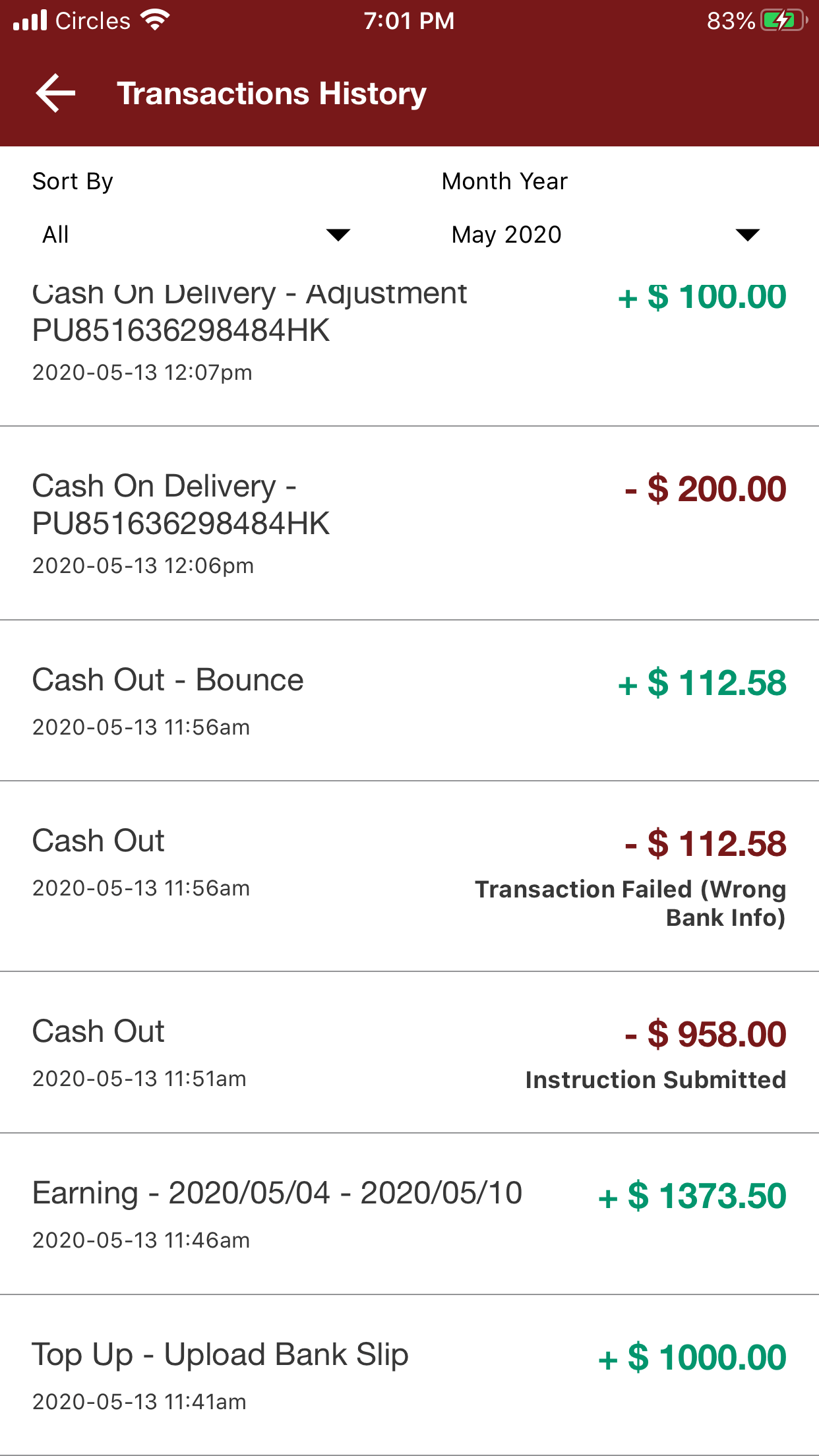 Delivery Agent Wallet Transaction History Instruction Submitted